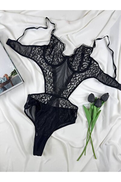 ROZENİN LINGERIE Siyah Dantel Detaylı Balenli Bodysuit