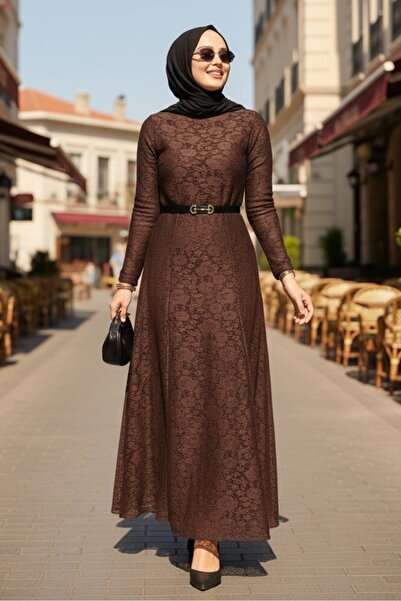 Bestenur Lace Lined Belted Dress 1685 - Brown