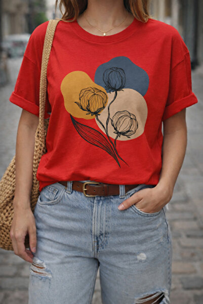 ArtYus Abstract Flowers and Colorful Shapes Printed Cotton Relaxed Fit Round ...