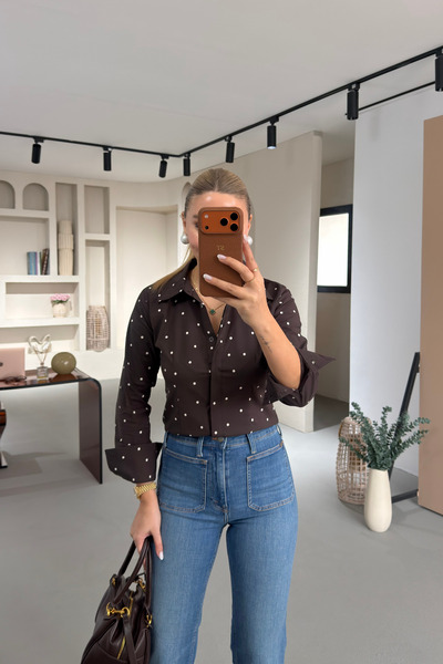 Sezgi Tekin Polka Dot Brown Slim Fit Shirt