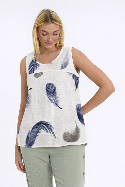 Heaven Ephesus Women's Strappy Blouse - Muslin Feather Pattern with Buttons o...