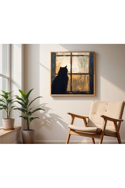 woodhomeworks Ahşap Çerçeveli büyük boy Kare Tablo 50cm camdaki kedi