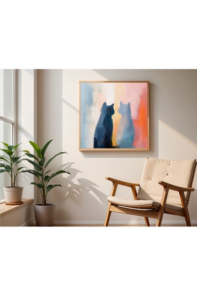 woodhomeworks Ahşap Çerçeveli büyük boy Kare Tablo 50cm iki kedi