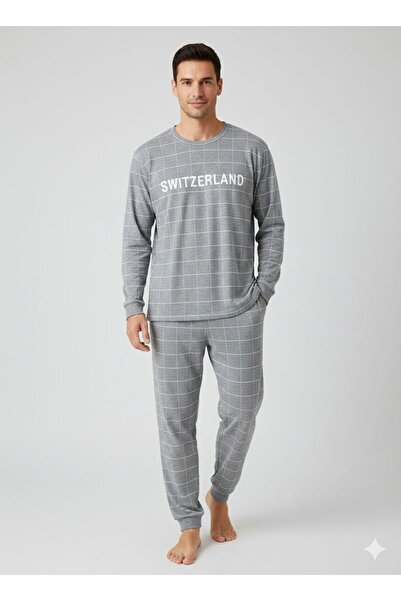 İPEKTENİM Švajcarska Tekst Štampano Kvadrat Prugasto Muški pidžama set sa man...