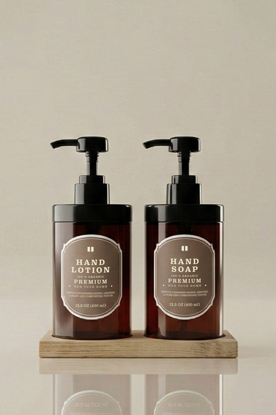 Kloppenhug Set of 2 Amber Soap Dispensers with Wooden Stand 400ml - Hand Soap...