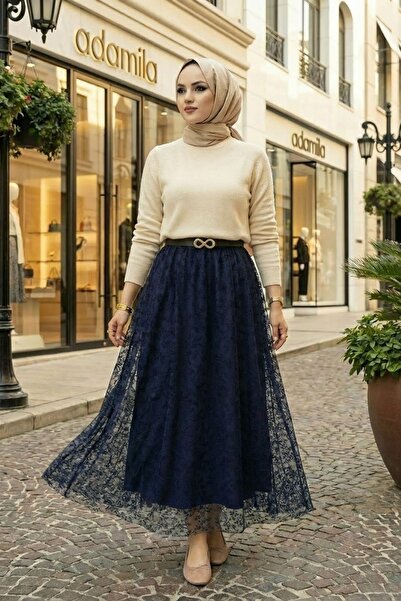 adamila Kadın Lacivert Flok Baskılı Uzun Şık Mevsimlik Trend Tesettür Etek
