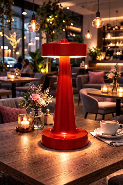 Natiorj Dome Kırmızı Model Pilli Masa Lambası Cafe Salon Yatak Odası Proje Ab...