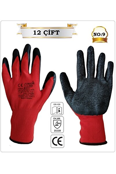 Junior JN103 TIRTIKLI LATEKS ELDİVEN (12 ÇİFT) NO:9 KIRMIZI-SİYAH