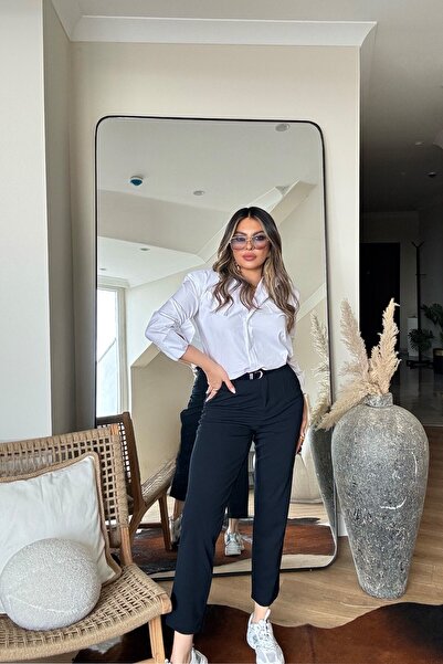 Sohotique By P Crepe Fabric Cuffed Trousers Navy Blue