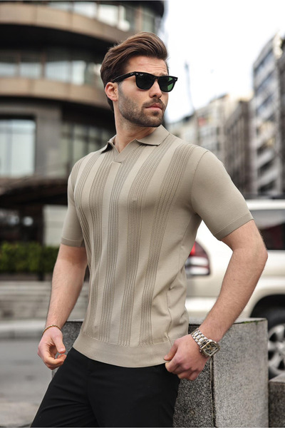 Madmext Ανδρικό πλεκτό μπλουζάκι με λαιμόκοψη πόλο από βιζόν E7469