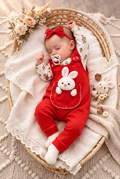 NAFİTTO Annelerin Tercihi Sevimli Tavşanlı Kız Bebek Salopet Tulum Body Seti