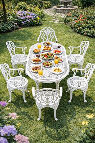 Alezy Isparta Masa Takımı 75x150 cm Oval Masa + 6 Adet Isparta Koltuk Ferforj...