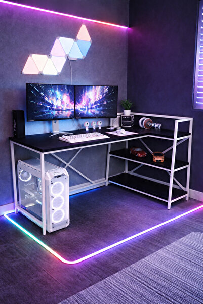 Flinder Raflı Çift Yöne Uygun Oyuncu Masası, Bilgisayar Masası, Gamer Masası,...