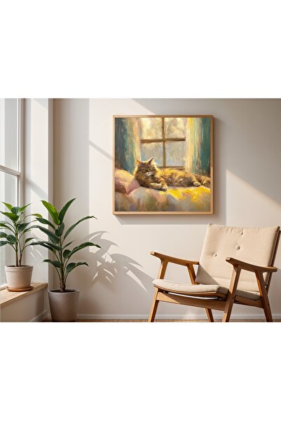 woodhomeworks Ahşap Çerçeveli büyük boy Kare Tablo 50cm sarı kedi