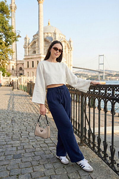 Lela Βαμβάκι lu Με δέσιμο Παντελόνι άνετης εφαρμογής με ψηλή μέση και φαρδιά ...