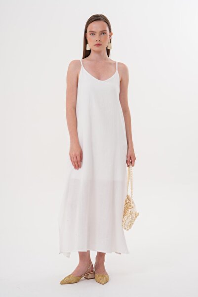 TENA Women's Ecru Muslin Long Dress with Rope Straps and Side Slits