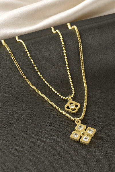 Bijuteri Net Rectangular Zircon Stone Steel Double Necklace