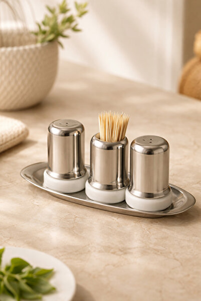 DİVAYS Stainless Steel Set of 3 Toothpick Holders, Salt Shaker, Pepper Shaker...