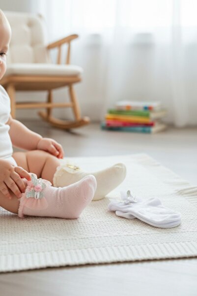 İbrahim Berk 3 Çift Kız Bebek Çocuk Renkli, Bilekleri Desenli Patik Çorap