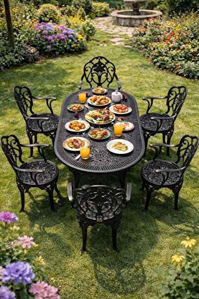 Alezy Isparta Masa Takımı 75x150 cm Oval Masa + 6 Adet Isparta Koltuk Ferforj...