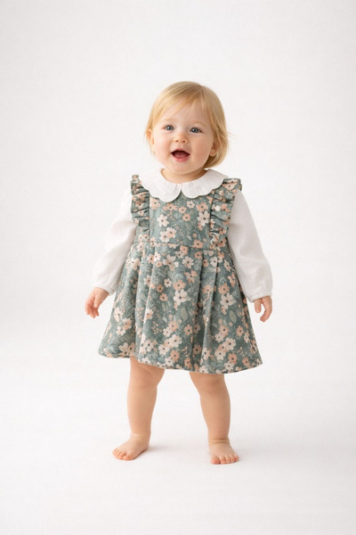 miabambim Çiçek Desenli Elbise ve Müslin Gömlek Takım Yeşil