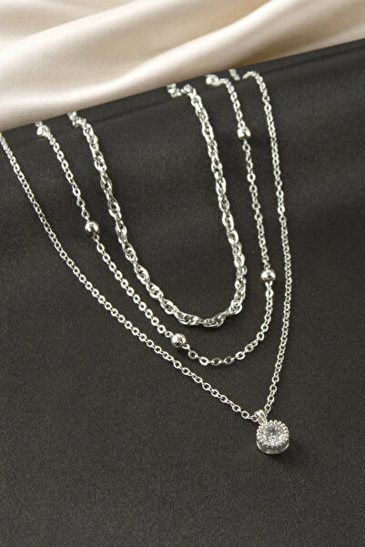 Bijuteri Net Single Stone Steel Triple Necklace