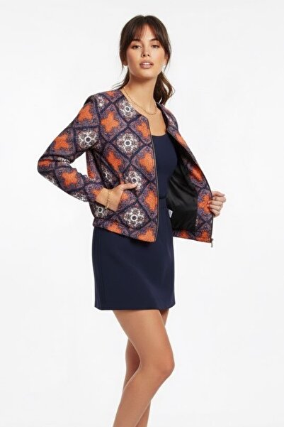 Ded COLLECTION Women's Orange Navy Blue Ethnic Geometric Patterned Scuba Fabr...