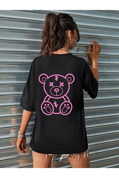 Rivox Unisex Black Oversize T-Shirt Cotton Fabric with Teddypink Print
