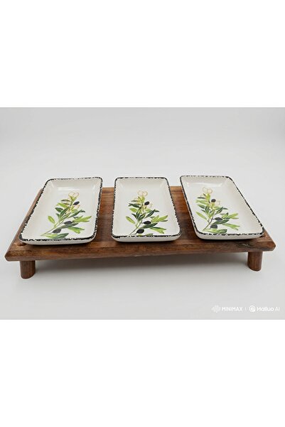 resinwoodliving 3’lü Zeytin Desenli Seramik Tabak + Ahşap Stand
