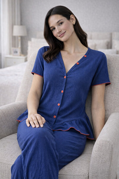 sleeproom Elite Wrinkled Textured Buttoned Women's Pajama Set