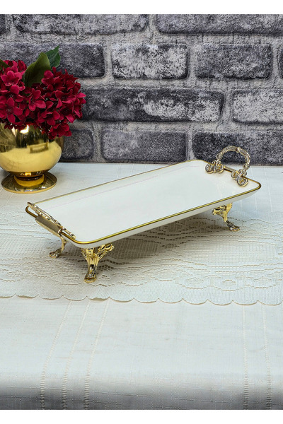 SEÇKİNEV Pisa Metal 4 Ayaklı Kulplu, Eskitme&Gold Detaylı Güral Porselen 33*15cm