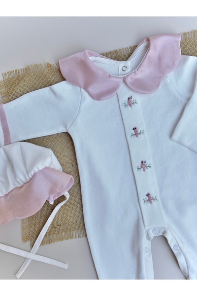 Mama Miel Baby Pembe Çiçek Yaka El İşlemesi Kuşlu Yenidoğan Tulum Şapka Set