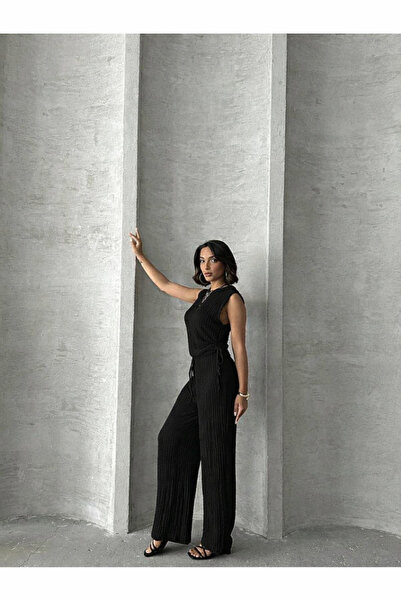 ÇEÇİM Set bluză fără mâneci și pantaloni texturat Bürümcük wide-leg pentru fe...