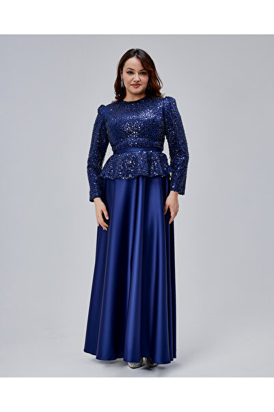 Asees Kadın Abiye Orta Beden Peplum Detaylı Tesettür Abiye Elbise