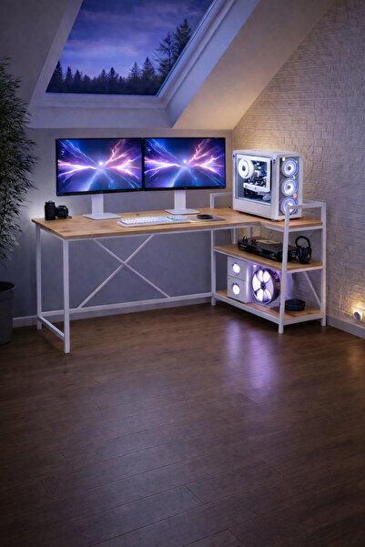 Flinder Raflı Çift Yöne Uygun Oyuncu Masası, Bilgisayar Masası, Gamer Masası,...