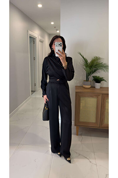BİRCANÇİL Norwegian Black Satin Blouse Pants Set