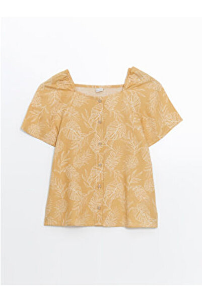 LC Waikiki Μπεζ τετράγωνο γιακά λινό μείγμα κοριτσίστικη μπλούζα