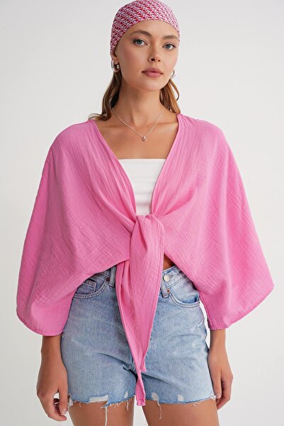 TENA Women's Pink Bat Sleeve Front Tie Shirt