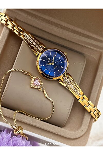 Fiesta Gold Yellow Cuff Steel Cord, Navy Blue Dial, Bride, Engagement, Weddin...