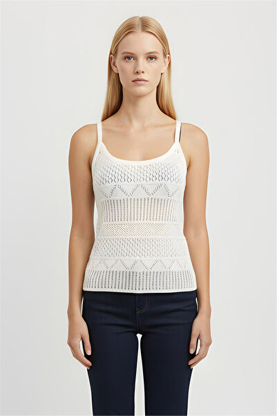 Perspective Ekru İnce Askılı Desenli Triko Bluz