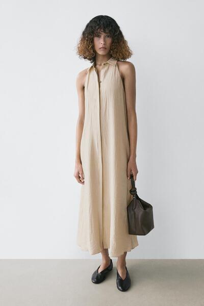 Massimo Dutti Keten karışımlı polo midi elbise