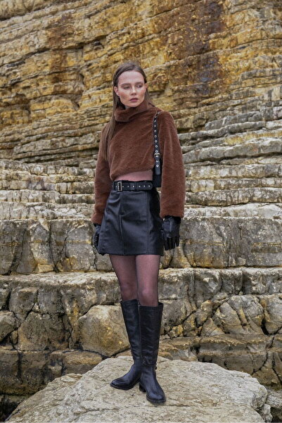 Caddebostan Moda Belted Faux Leather Mini Skirt High Waist Stylish Design