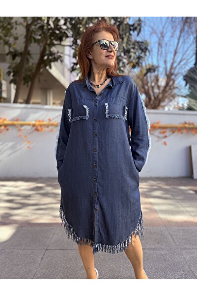 DenizEge Liyosel Tasseled Denim Dress Dark Blue