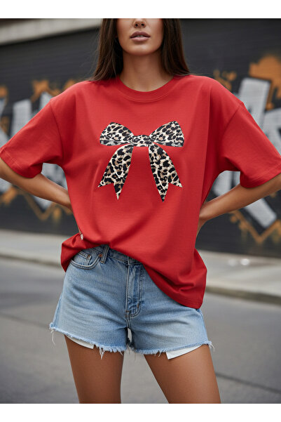 ship master Women's Red Leopard Bow Patterned Cotton T-Shirt Stylish Printed ...