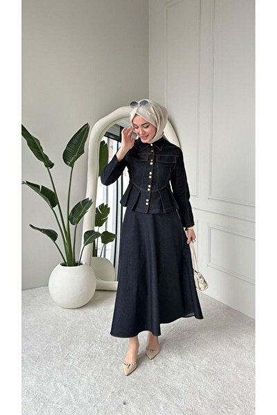 Esra Butik78 Kadın Lacivert Mor Etekli Kot Tesettür Takım Düğme Detaylı Denim...