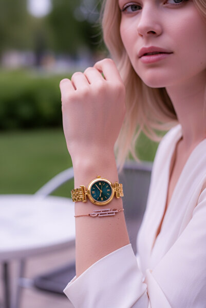 Choppers Bronz Renk Yeşil Kadranlı Kadın Kol Saati & Taşlı Zarif Bileklik Kom...