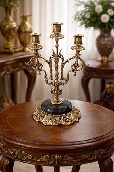 Handmade ESTERHOMEDECOR Siyah mermer kaideli pirinç şamdan