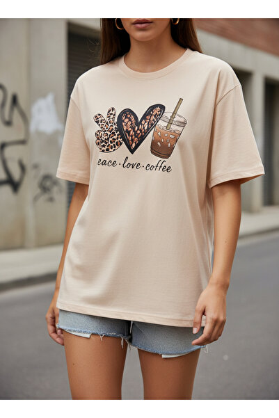 ship master Beige Women's Coffee Printed Cotton T-Shirt Oversize Peace Love C...