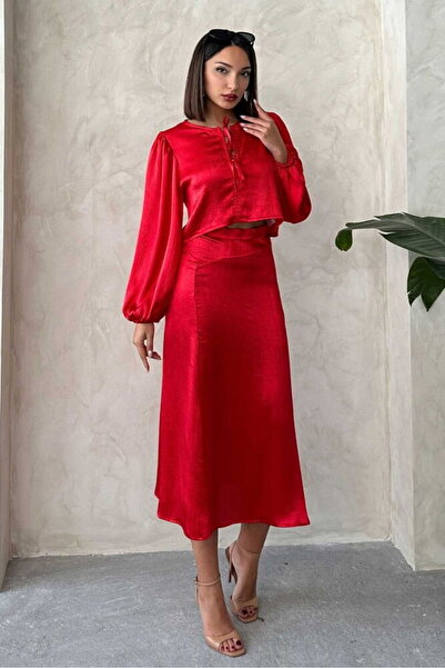 Caddebostan Moda Women's Crinkled Satin Midi Length High Waist Stylish Skirt