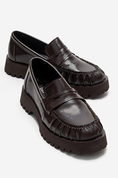 Lizy Shoes Γυναικεία παπούτσια casual με χοντρή σόλα σε καφέ γυαλιστερό δέρμα